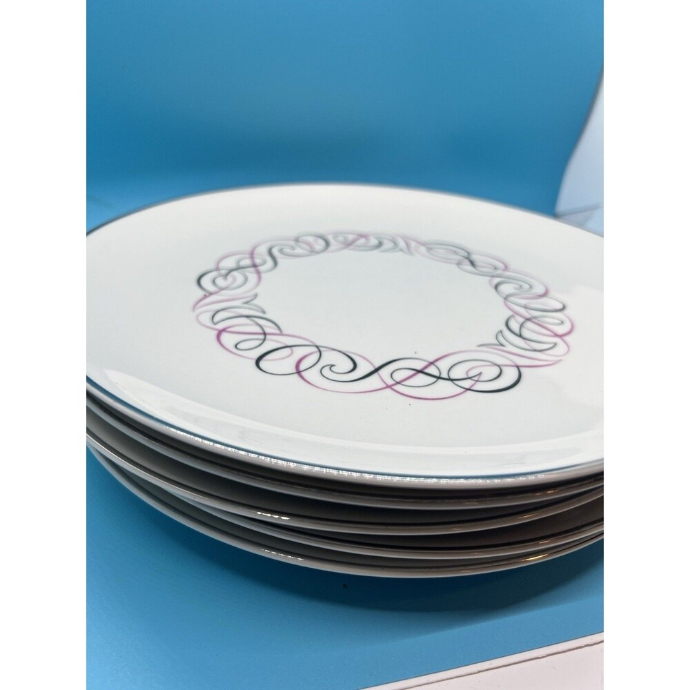 5 Mid-century modern 10" plate dish pink gray Swirls Park Lane MCM dinner silver